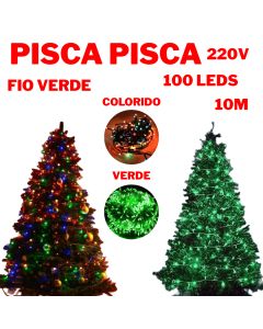 Pisca Pisca 10M 100 Leds 220V Fio Verde 8 Funções Colorido Ou Verde Conjunto Natalino
