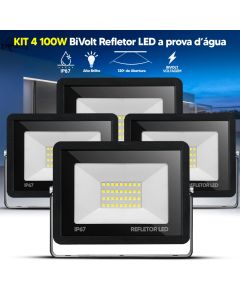 Kit 4 Refletor LED 100W Bivolt IP67 Branco Frio 6500K Slim à Prova D'Água para Áreas Externas