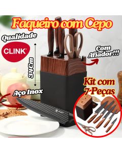 Faqueiro Com Cepo Clink 7 Peças Facas De Aço Inox E Tesoura Suporte Com Afiador Luxo De Cozinha