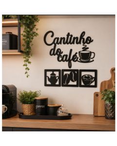 Quadro Aplique de Parede Cantinho Do Café Kit 4 Peças Decoração Cozinha Mdf 3mm Preto